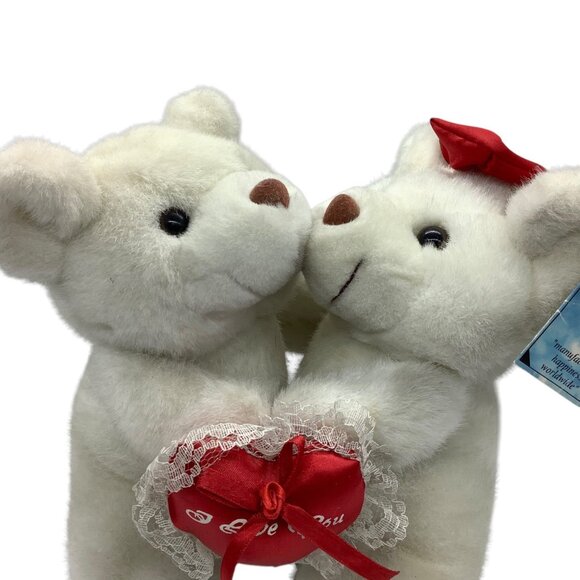Vtg Plush Bears Couple White Valentines Hearts Roses Tie Bow 9" Clean Rare - Picture 2 of 11